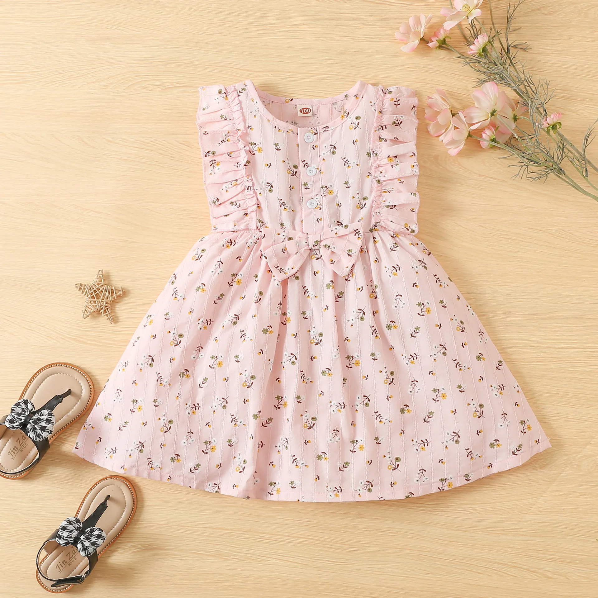 2022 Toddler Baby Girls Sleeveless Ruffles Floral Printed Bowknot Princess Dress New Summer Casual Newborn Infant Clothing