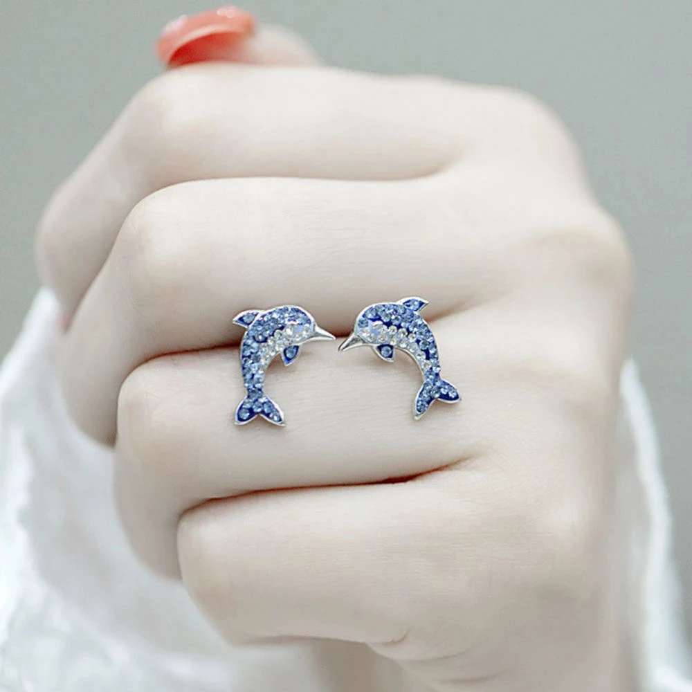 CAOSHI Sweet Lovely Dolphin Stud Earrings Sea Blue Cubic Zirconia Beautiful Minimal Silver Animal Cute Earrings Women