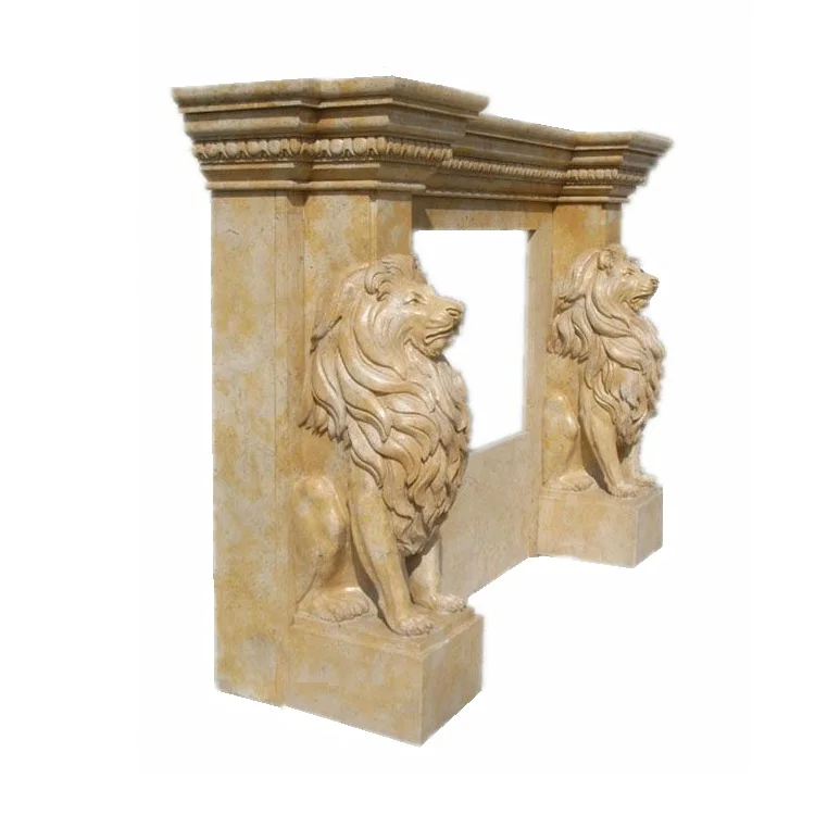 Натуральный желтый мрамор Львиная голова статуя камин
