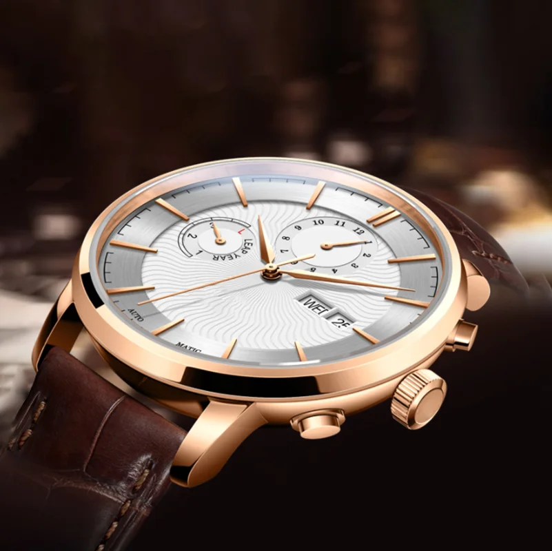 OEM custom leather strap chronograph high quality  back case  men stainless steel automatic watch