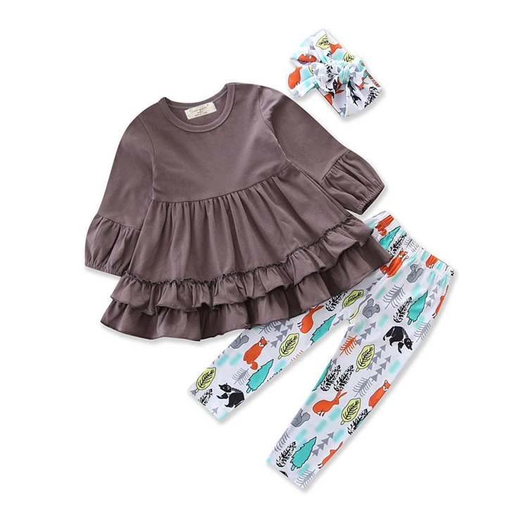 WHS129 Autumn Winter Cute Pretty Infant Baby Girls Clothes 3PCS Ruffles Sleeve Letter Floral Pink Pullover Tops+Pants+Headband