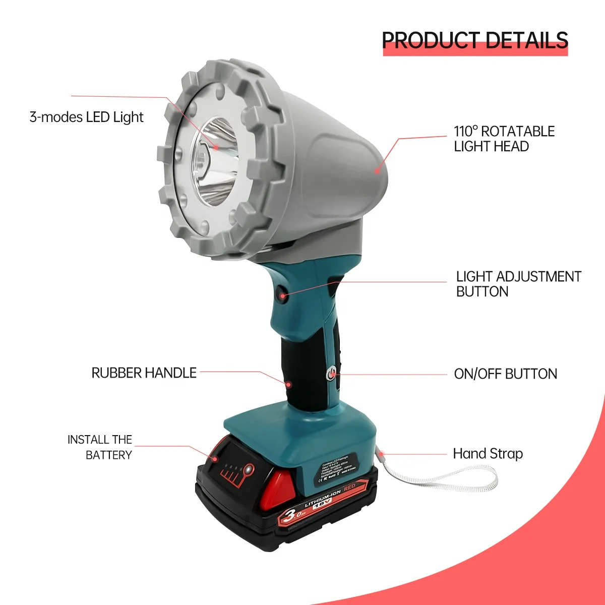 Rechargeable LED Work Light Portable 1600 Lumens Handheld Worklight For makita dewalt LXT Lithium-Ion Cordless Flashlight