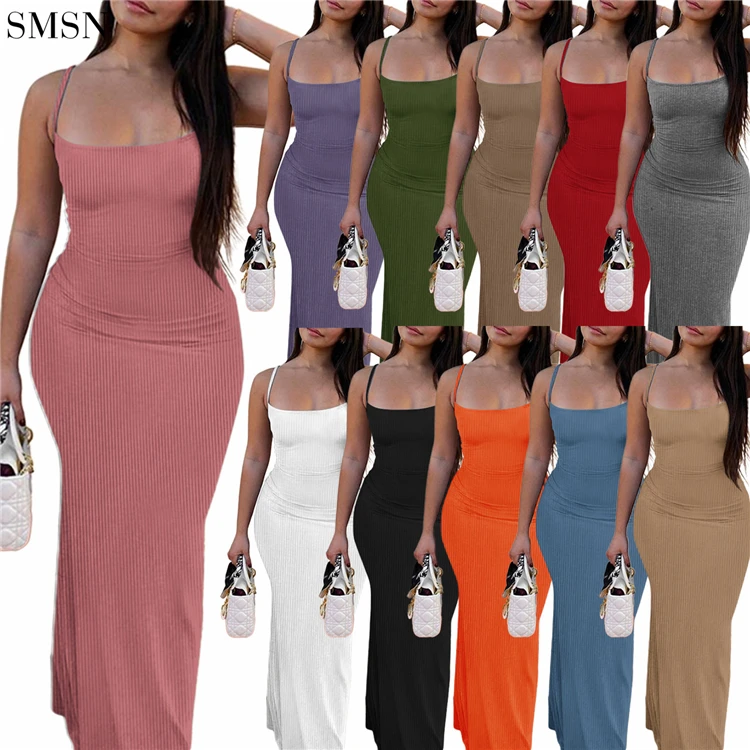 Plus size dress Summer Suspenders Thread Solid Color Sexy Long Dress Women 2022 Wrap Sheath Bodycon Casual Dresses
