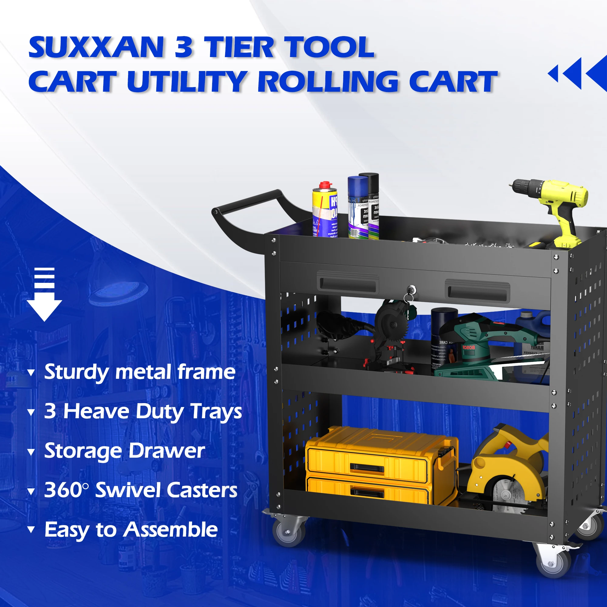Utility Metal Cart Rolling 3 Tier Rolling Cart with Wheels Garage Storage Workshop Trolley Heavy Duty Tool Cabinet