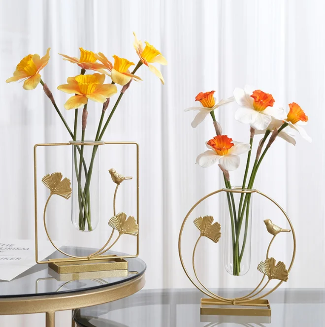Gold Nordic Metal Frame Wrought Iron Transparent Mini Glass Modern Home Decoration Vase Metal Vases Decor