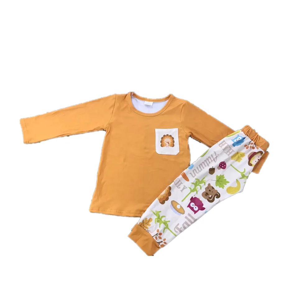 Thanksgiving boys outfits Turkey pattern orange striped top with light blue trousers boy fall clothes