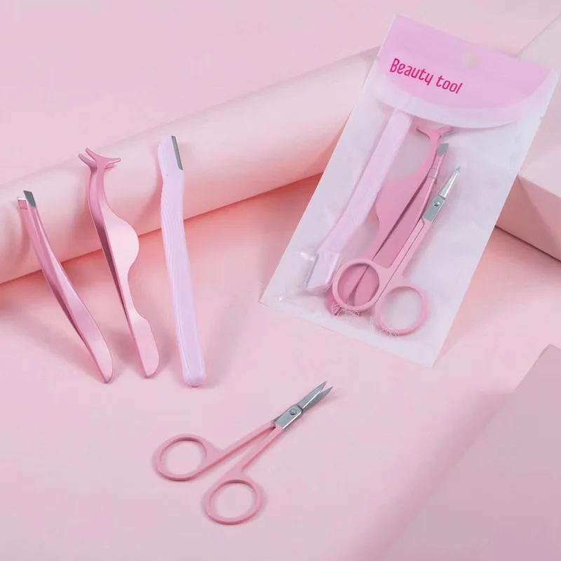 4pcs Professional Eyebrow Trimming Tool Set Eyebrow Scissor and Tweezers Eyebrow Razor Brow Tools Kit Black