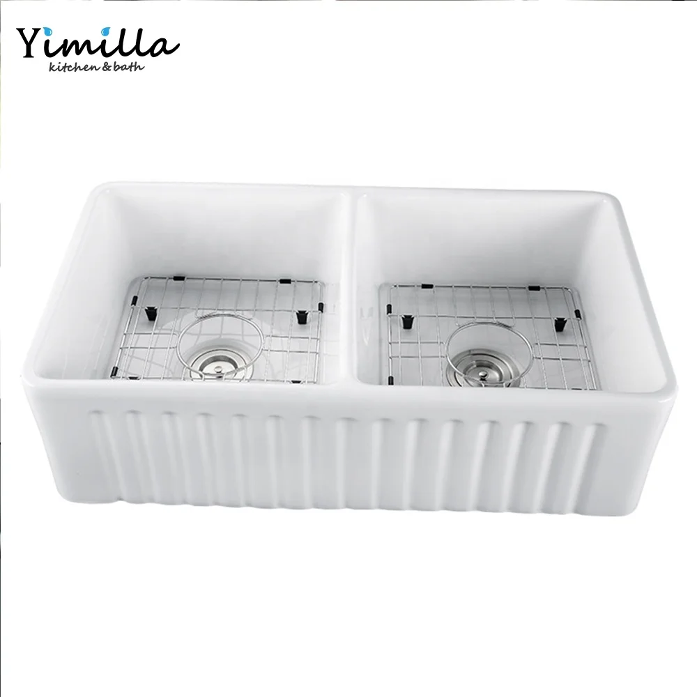 American kitchen apron semi-embedded ceramic sink modern double blow 33' inches CUPC farmhouse ceramic kitchen sink with tray