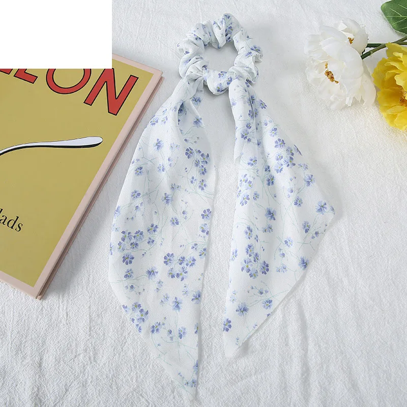 BELLEWORLD wholesale Korean new accessories floral daisy printed scarf scrunchie long ribbon scrunchies for women