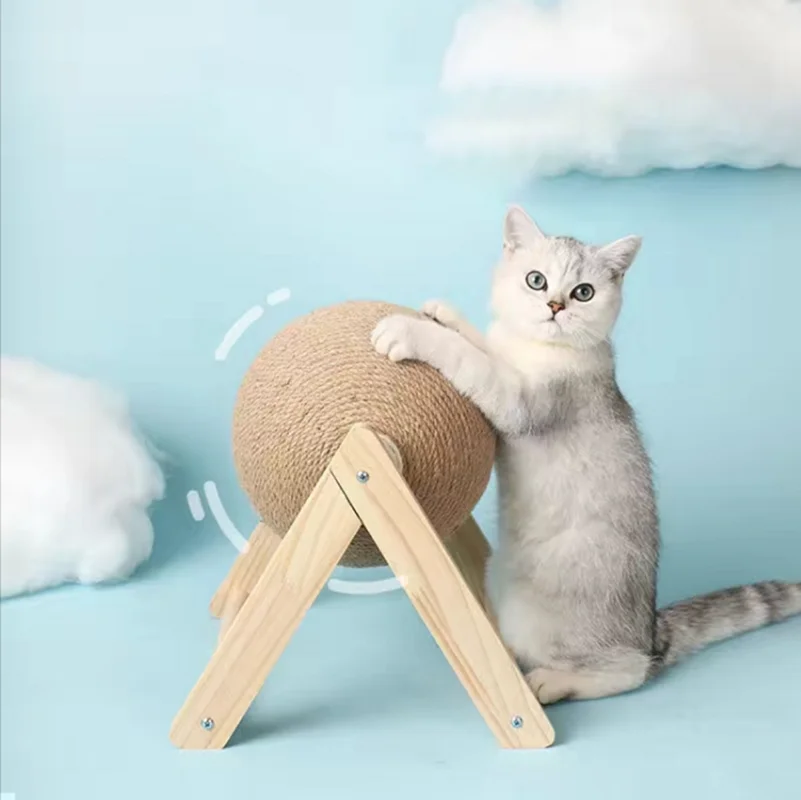 Solid Wood Cat Scratcher Toy- Sisal Cat Scratching Ball Natural Triangular Solid Wood Catch Ball Durable Claw Grinding  Pet Toys