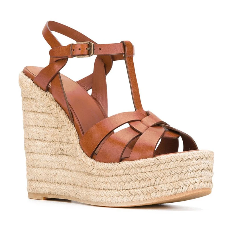 Support OEM/ODM super high hemp rope buckle strap rubber bottom platform chunky wedge heel sandals