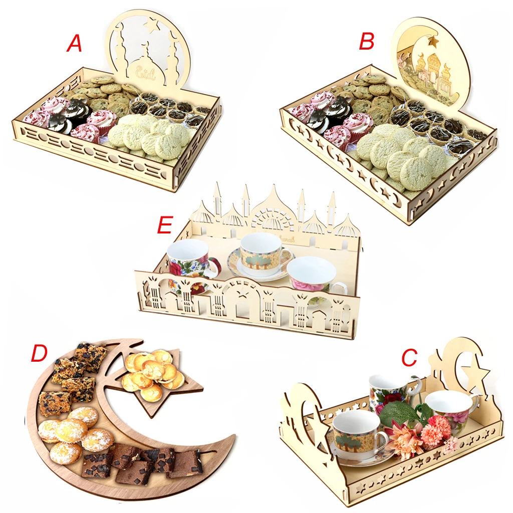 
Muslim Islamic Wooden Eid Party Food Serving Tableware Tray Ramadan Eid Mubarak Decoration 