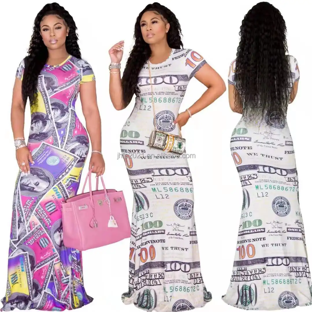 J&H fashion casual summer maxi dress chic design dollar print long dress slim fit elegant money dress for women party wear