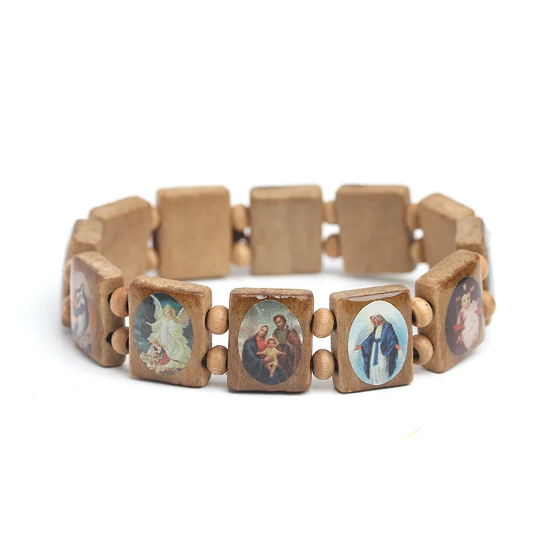 Wooden Rosary Jesus Bracelet Elastic Coloured Beads Catholic Bangle Picture Of Religious Saints Holy Gods Devotion Bracelet