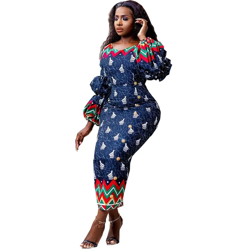 Print Vintage Summer Casual Long Dresses For Women 2023 Ladies Elegant Lantern Sleeve Dashiki Africa Clothes Fashion Daily Dress