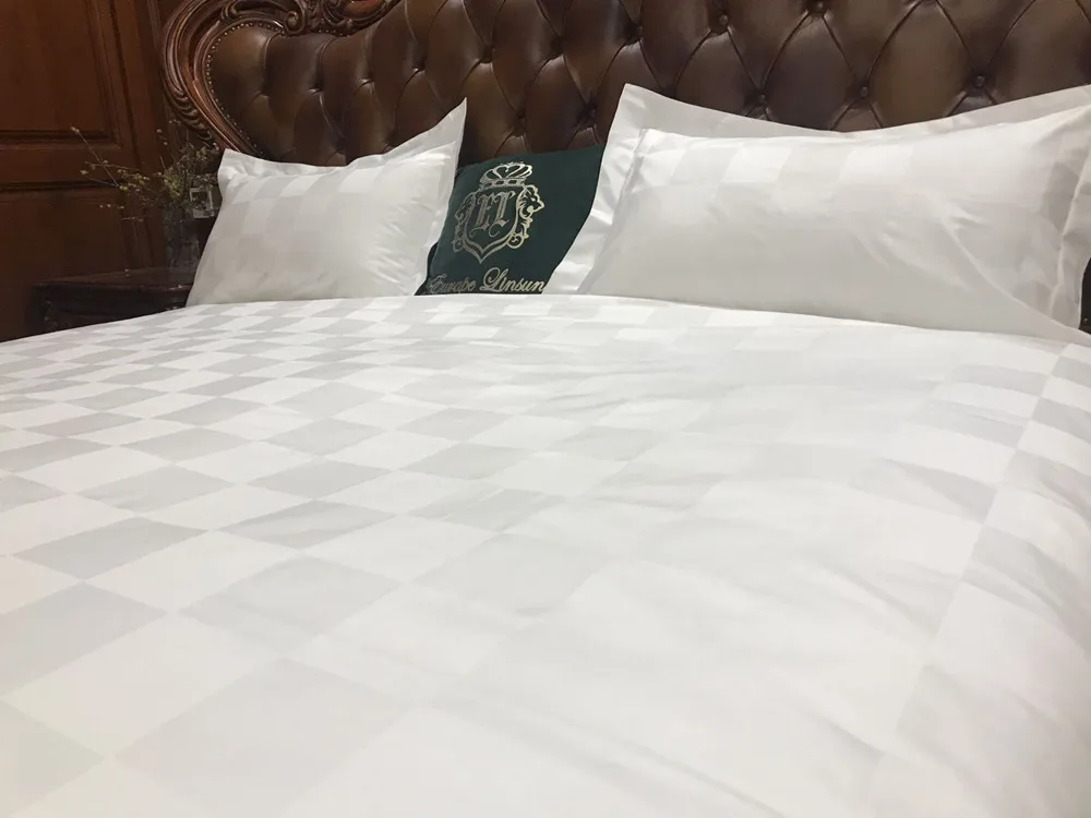 Deeda factory dobby check plain sateen white hotel bed sheets queen
