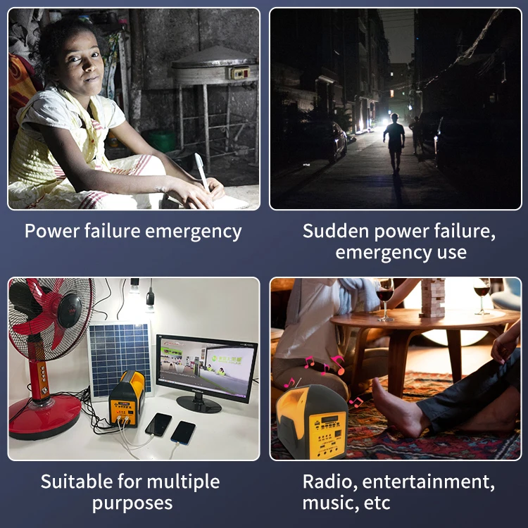 Mobile phone charging station music player with power storage DC12v lighting kit portable solar generator solar energy systems