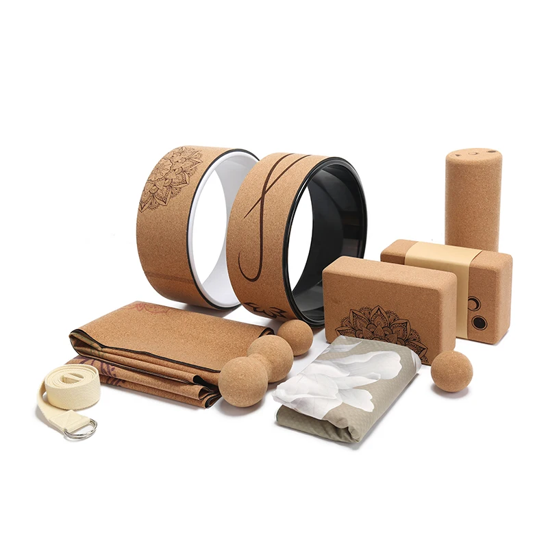 Hot Sale Custom Printed Foldable Yoga Mats Anti Slip Eco Friendly Natural Cork Rubber Yoga Mat Block Wheel Bag Yoga Mat Sets