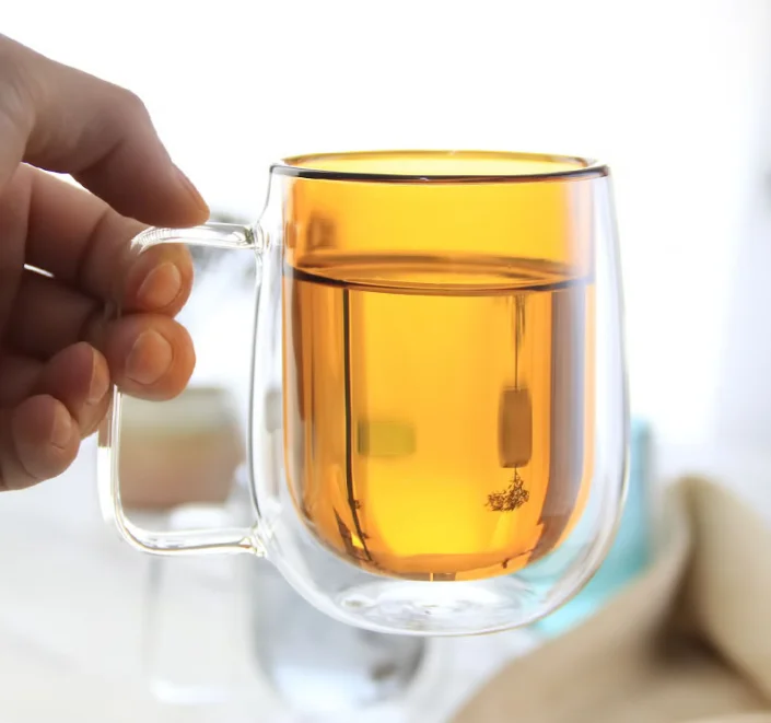 
China Factory Cheap Handmade Elegant Colored Heat Resistant Coffee Cup Double Wall Glass Mug 