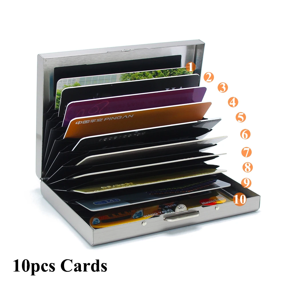 10 Pockets Metal Wallet Box Credit Bank Name Novelty Card Holder Business Card Case Stainless Steel Anti RFID Wallet