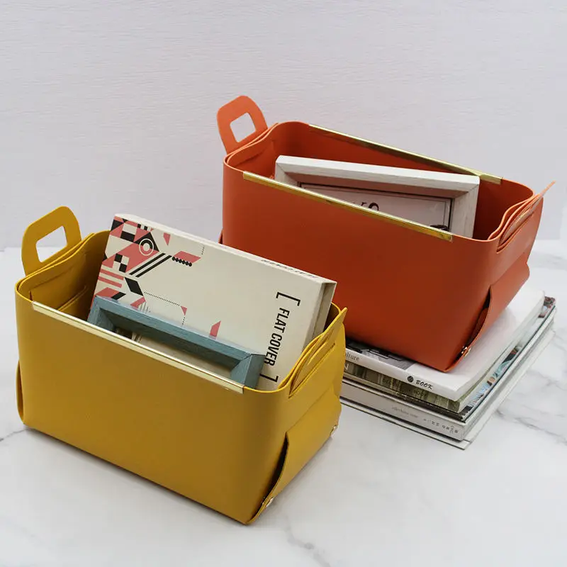 RTS PU Leather Desk Storage Basket With Handles Foldable Large Capacity Metal Edge Basket Portable Home Rectangle Organizer