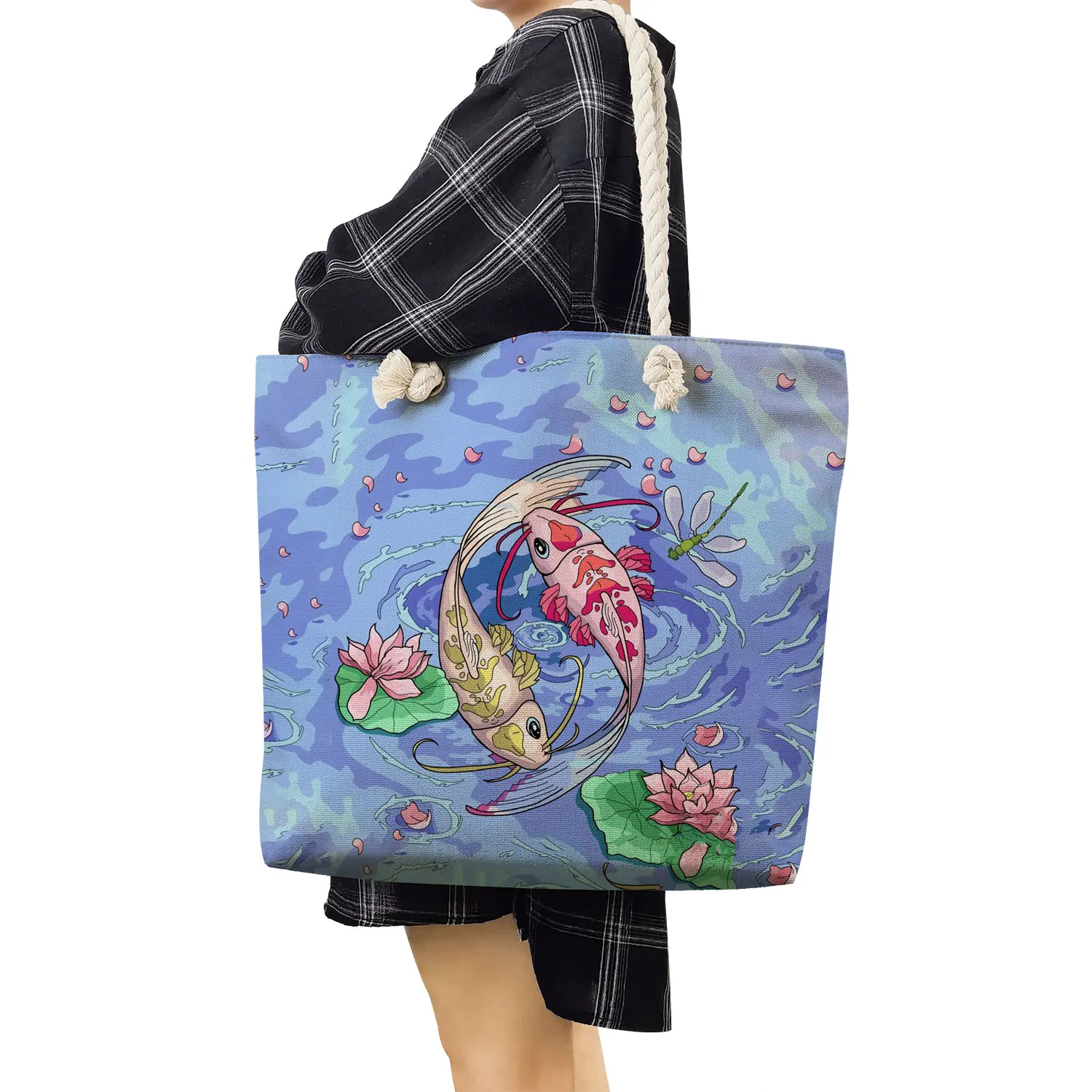 Custom Wholesale Brocade Carp Print Handbags Fashion Travel Beach Bags Fish Tote Women Shoulder Bags Large Capacity Shopping Bag