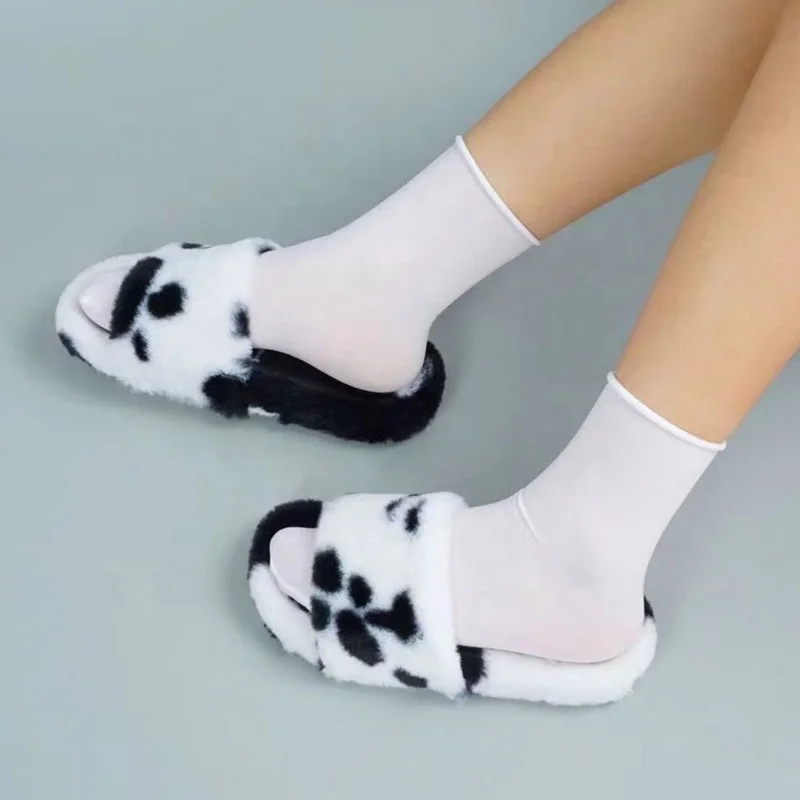 Light Soft Dairy Cow Print Fur Slippers Winter Warm Plush Shoes Slides for Women Girls House Flat Slides Wholesale