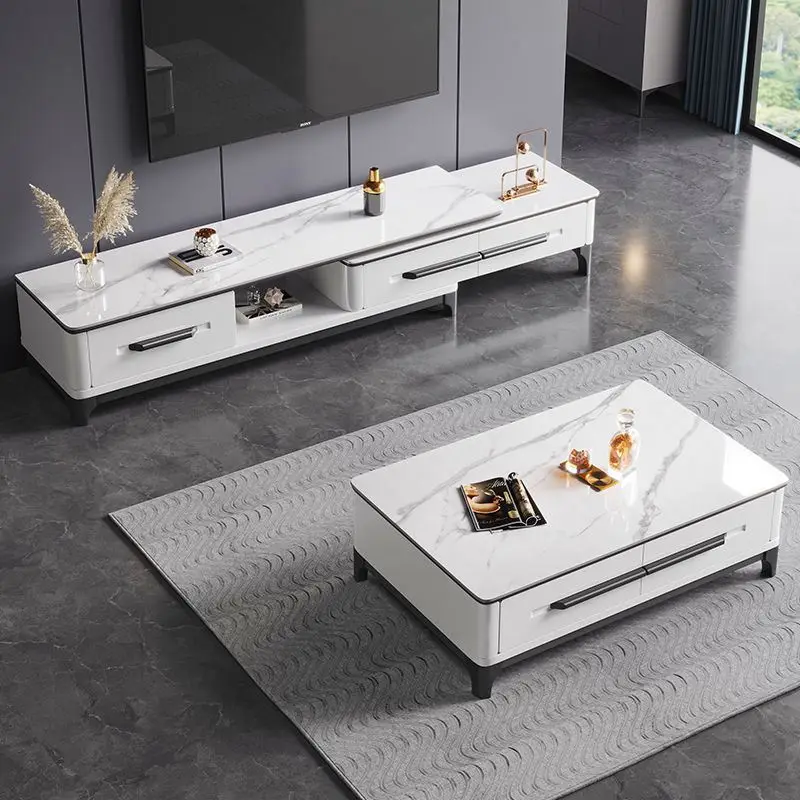 TV Cabinet Italian Light Luxury Slate Tv Stand And Coffee Table Set Modern Minimalist Retractable Living Room Floor Cabinet