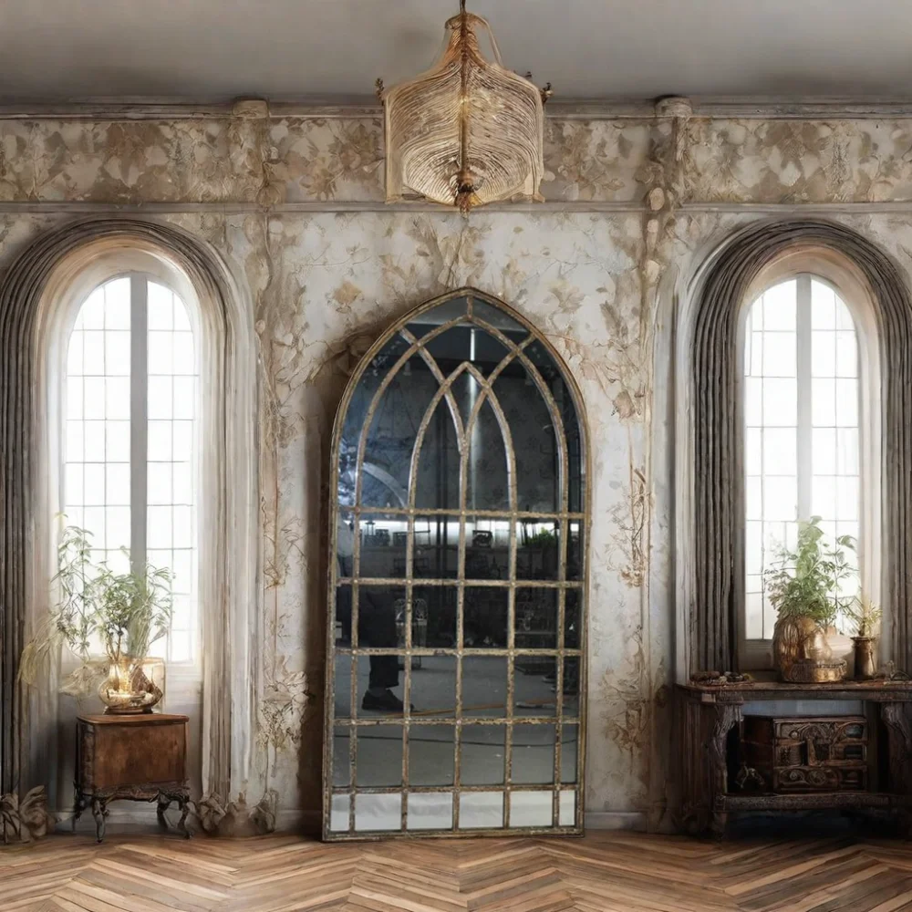 Wholesale Vintage Shabby Chic Arch Window Mirror Large Rustic Framed Stand Mirror for Home Decor Iron and Wood Frame