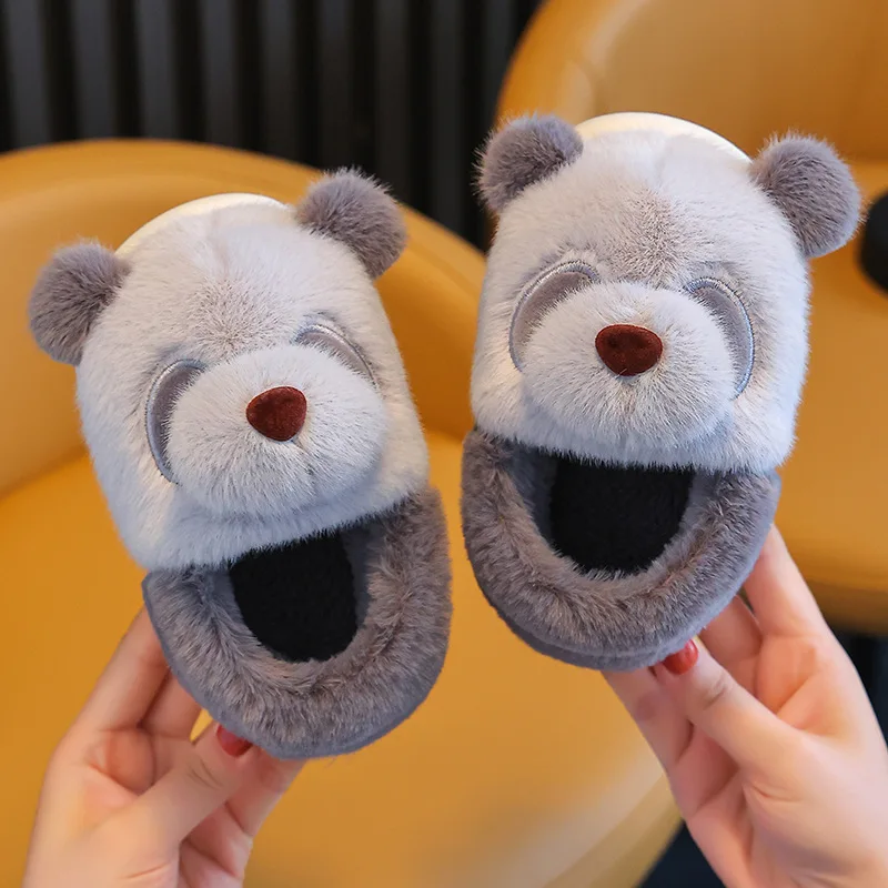 2024 New kids boys fuzzy indoor bear slippers warm fur slip on cotton shoes children girls plush furry home slides slippers