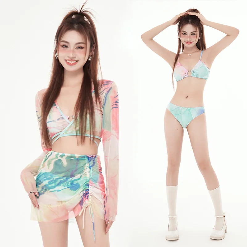 2023 New Summer Beach Style Sexy Ladies Pink Colorful Bikini Four-Piece Sun Protection Swimwear Sweet Bikini