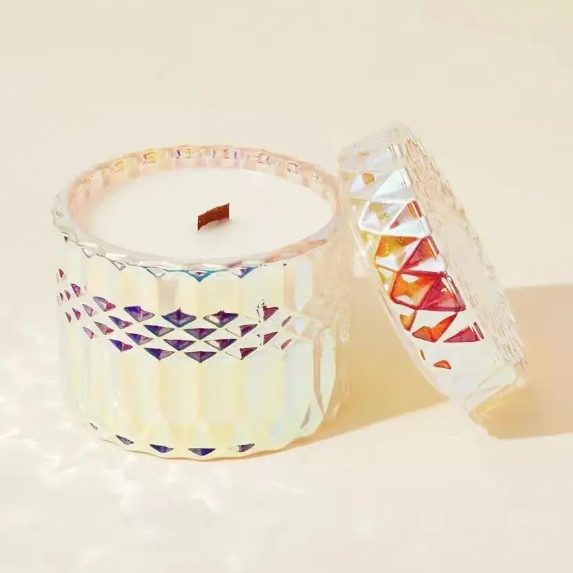 Hot sale iridescent geo cut 250ml glass candle holder with matched glass bottle for home deco