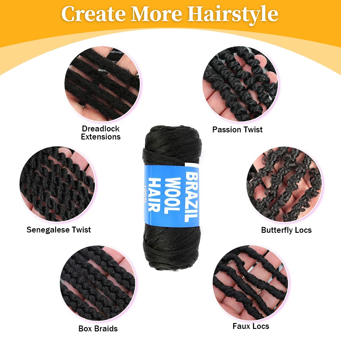 Low Temperature Flame Retardant Synthetic Fiber for Braiding and Crochet Braids Hair Making Brazilian Wool Hair 70g Per Bundle