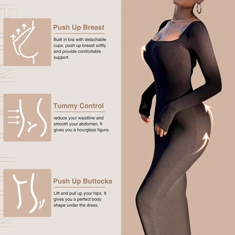 6385 Double Layer Body Shaping Bodycon for Women with Pad Built in Body Shaping Underwear 8 in 1 Long Sleeved Boho Maxi Dresses