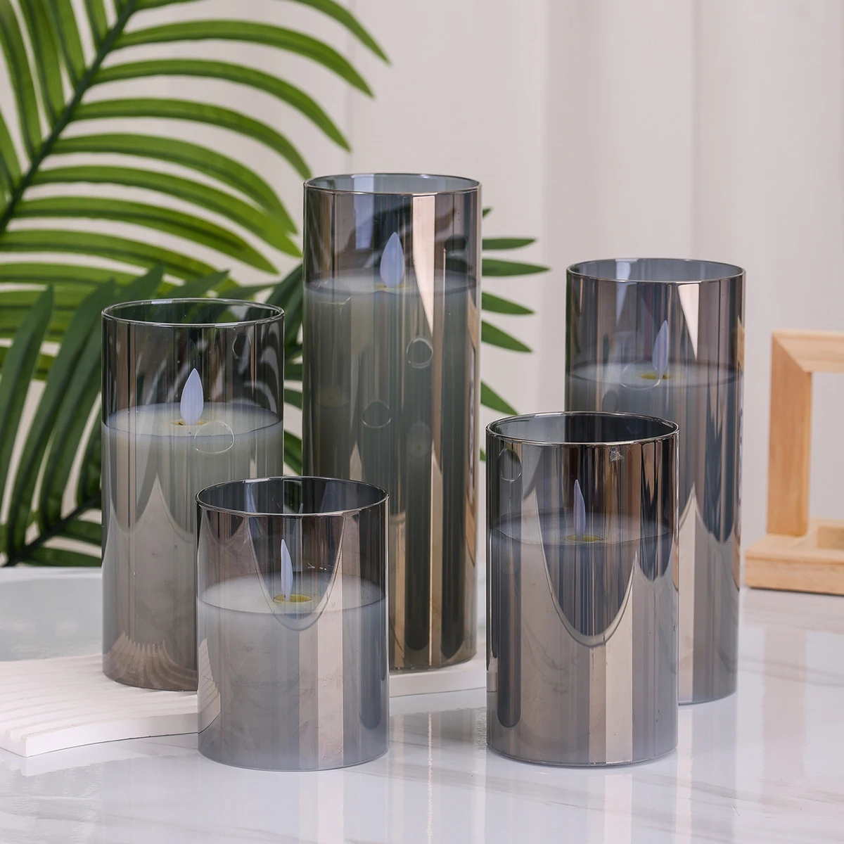 Grey Glass Real Wax  Flameless Led Candle Lights Lamp Electroplated gray  High Quality  Flameless D7.5*H10/12.5/15/17.5/20cm