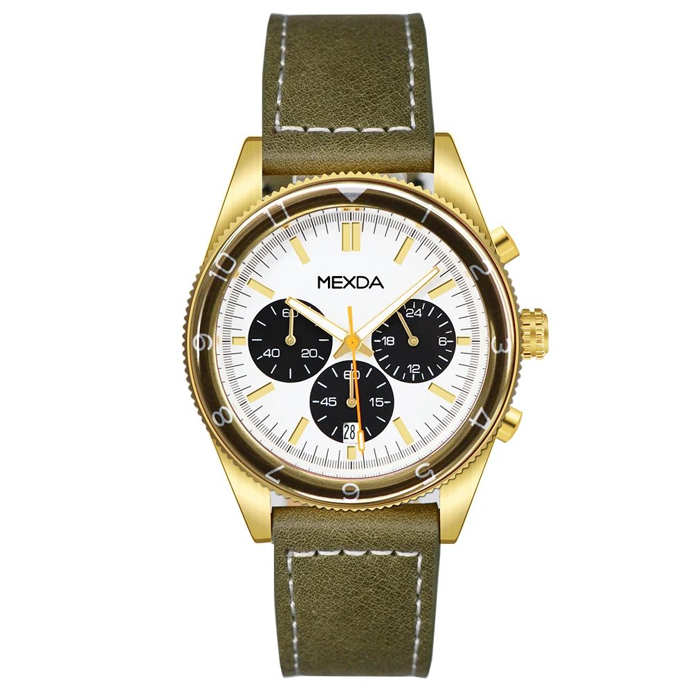 Mexda Custom Ceramic Bezel Rotating Top Ring Men Leather Watch Chrono Watch Business Style Orologio Relojes Hombre Montre Homme
