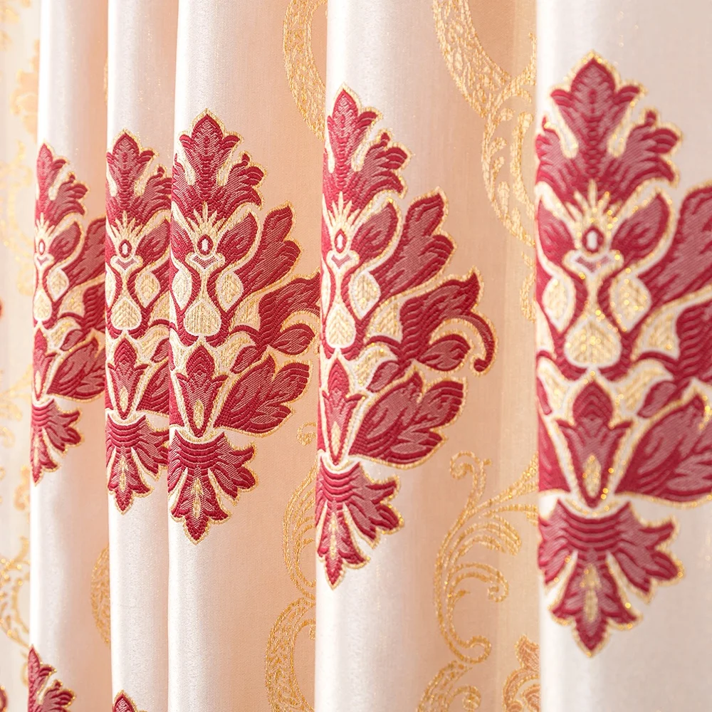 2020 New arrival luxury jacquard curtain for the living room ring top gold burgundy floral home curtain factory Zucchi