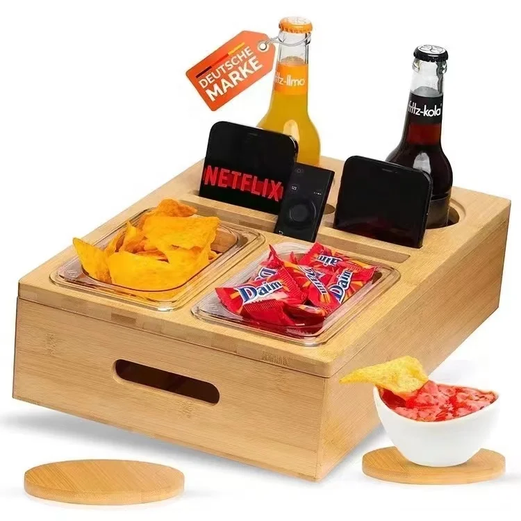 Wholesale Drink Snack Holder Simple Wood Sofa Bed Snack Storage Tray Box With Slots For Beer