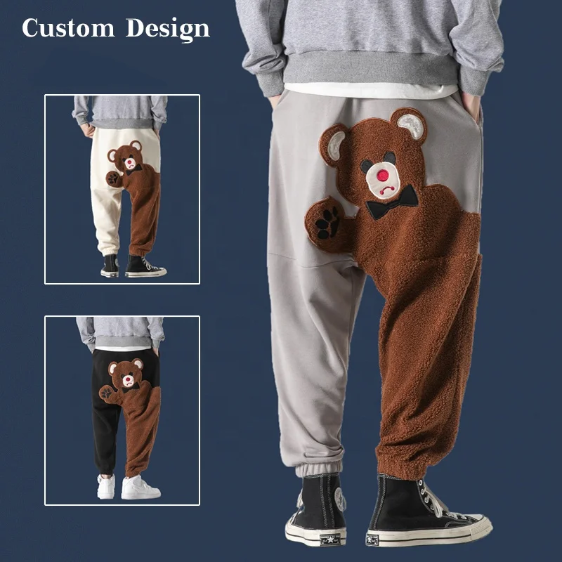 2023  New Arrivals Street Fashion Hip Hop Male Bear Embroidered Patchwork Cargo Custom Track Pant Embroidery Mens Pants