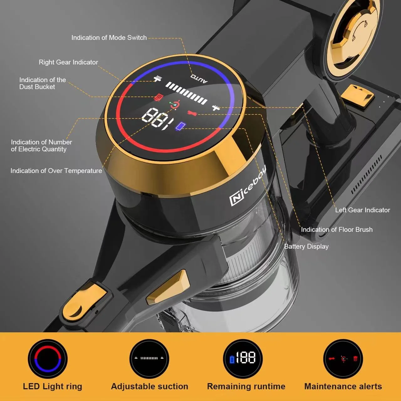 Rechargeable  2 in 1 Vacuum Cleaner  With Folding Tube  Three Speed With Touch Screen 300W BLDC Motor EV-696
