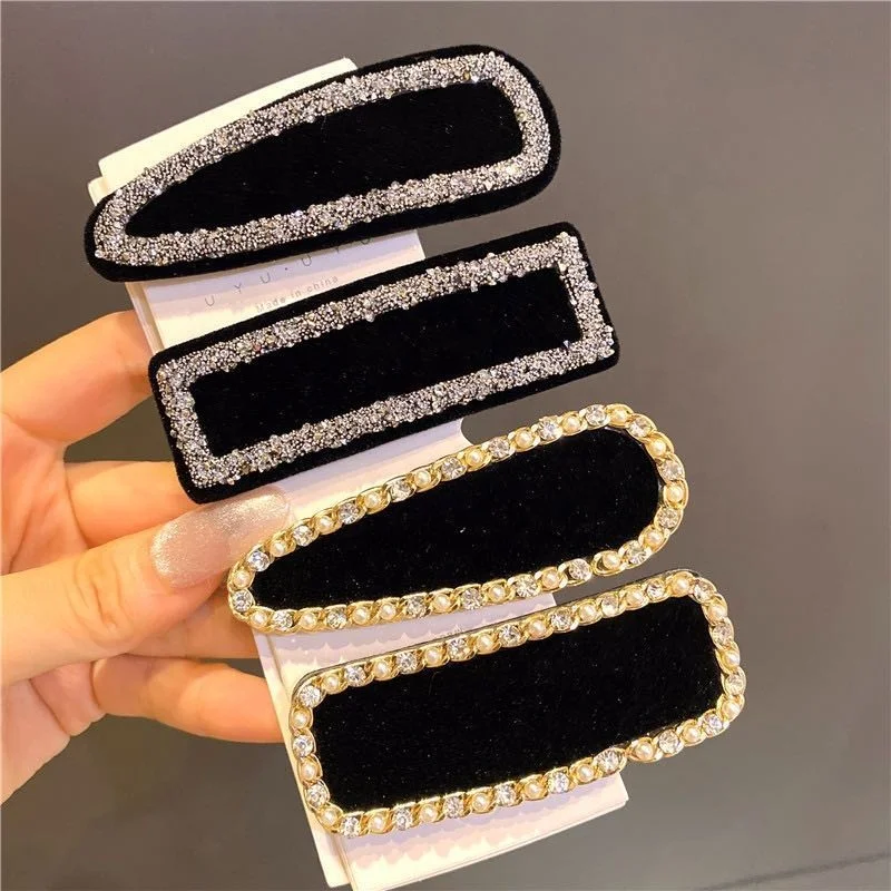 Винтажные черные хрустальные жемчужные камни заколки для волос Bling Rhinestone Бархатные боковые