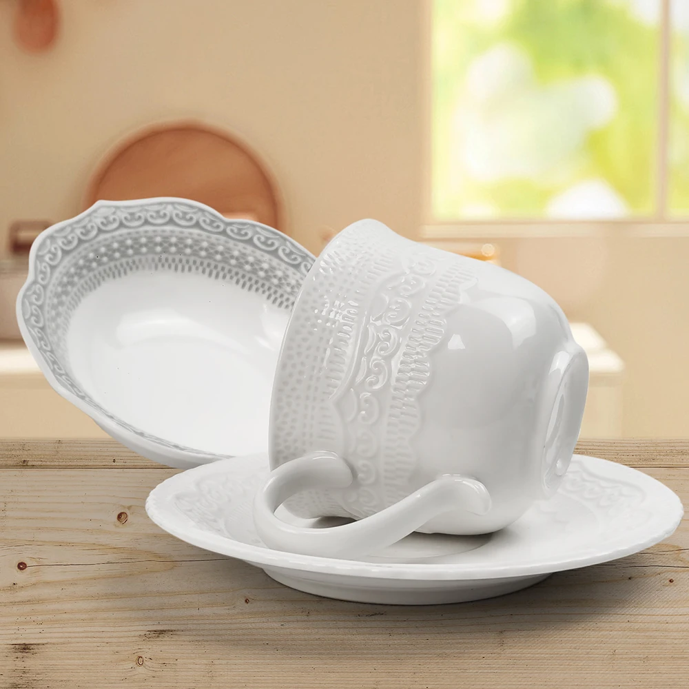 Vintage lace embossed  blue pink white ceramic coffee cup saucer underglaze porcelain cup French dessert plate