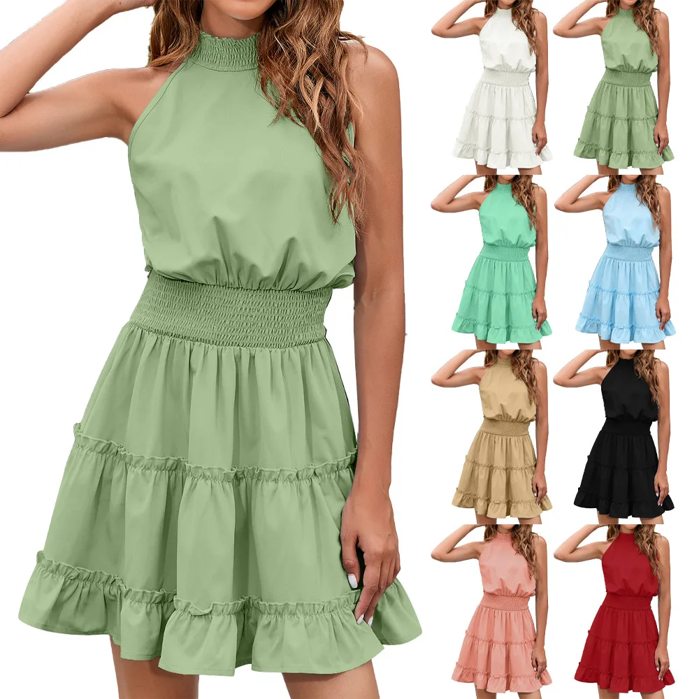 Summer Wholesale Casual Dress Elegant Ladies Sleeveless Dresses High Neck Tiered Ruffle Skirt Mini Women Fashion Dress