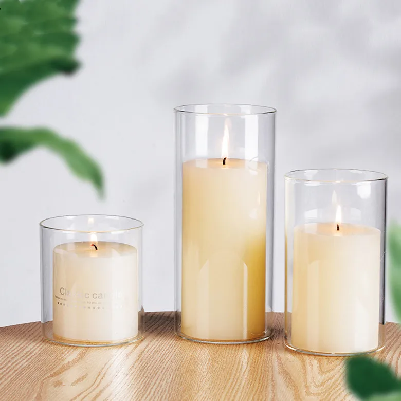 Huaming High Quality Borosilicate Aromatherapy Pillar Candle Holder Set Home Decor Cylinder Glass for Wedding