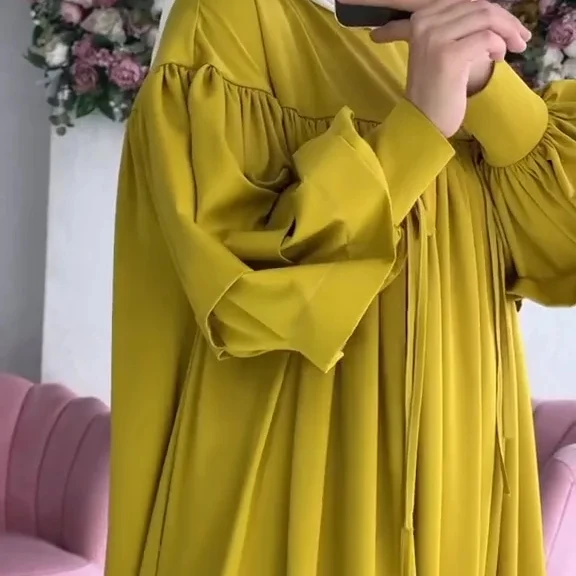 2024 Islamic Clothing Abaya Dubai Women Muslim Dress Puff Sleeve Satin Plain Abaya Traditional Muslim Clothing