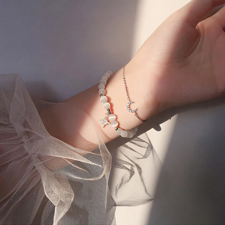 Romantic Opal Brass Glass Beads Double Layer Zircon Moon Star Bracelet
