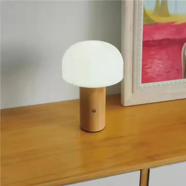 Bamboo Desktop Lamp Dining Table Light LED Charging Decorative Creative Cordless Mushroom Table Lamp