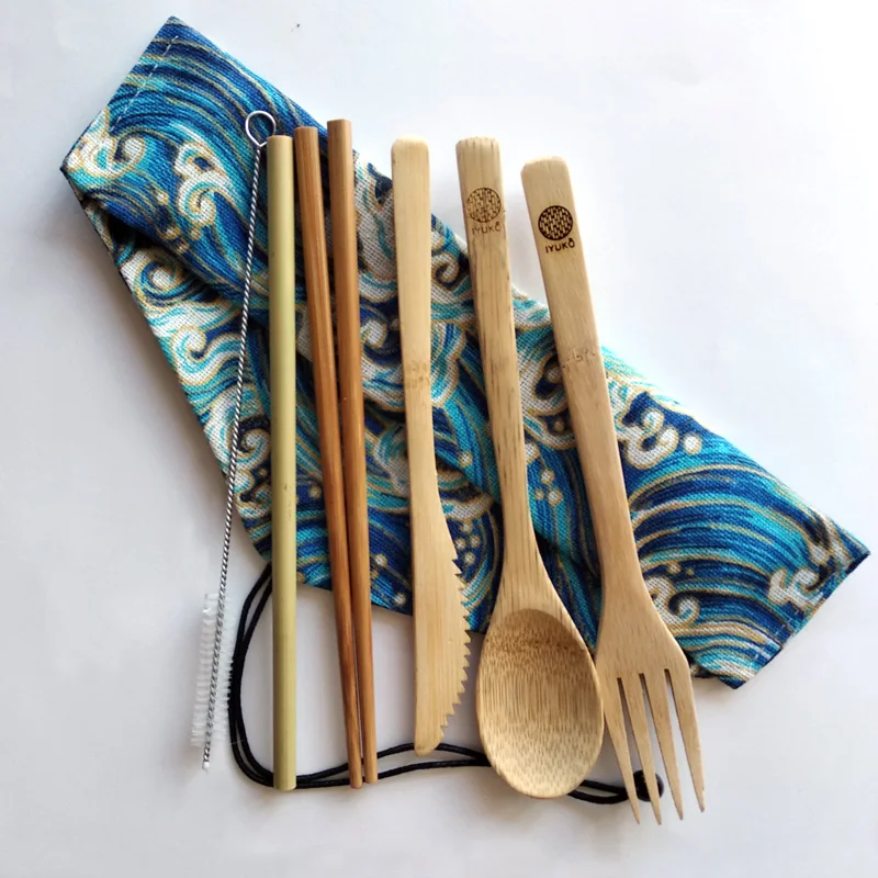 
6pcs Travel Bamboo Cutlery Set With Straw 