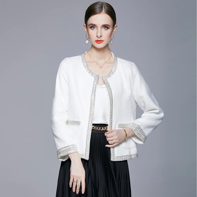 Light luxury heavy industry tweed with cashmere stitching handmade beaded small fragrance all-match coat YYX8200108