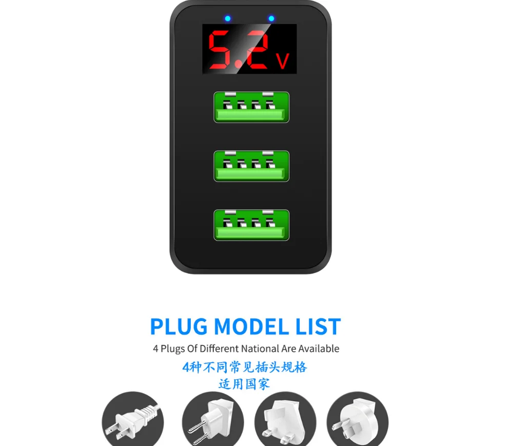 
EU US UK /AU Plug 18W QC3.0 3 USB Ports Mobile Phone Fast Travel Wall Charger 5V 3.4A with LED display 